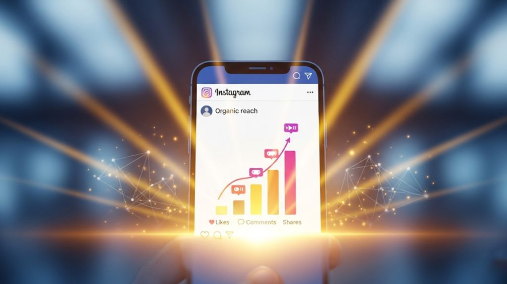 An illustration of an Instagram post with a graph showing rising engagement (likes, comments, and shares), symbolizing the power of interaction in increasing a post's reach.