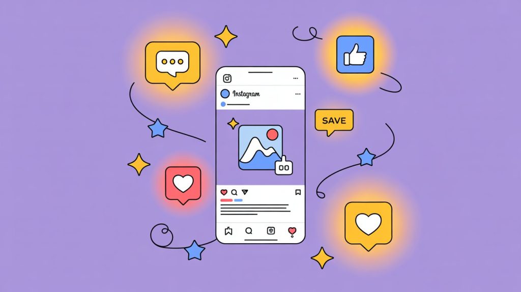 An illustration of an Instagram post on a smartphone surrounded by glowing engagement icons like a comment bubble, a save button, and a like heart, representing CTAs that boost interaction.