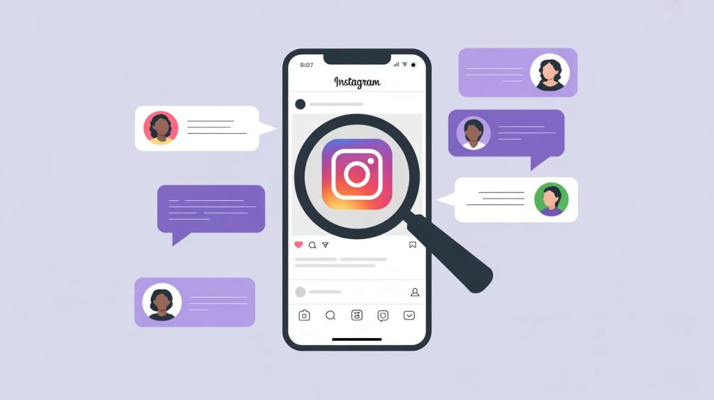 An illustration of a smartphone screen with a magnifying glass hovering over an Instagram profile and chat bubbles connecting to a creator's profile, representing targeted client engagement.