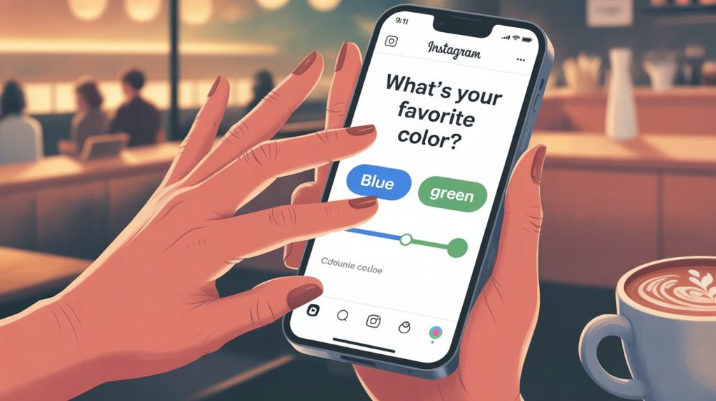 An illustration of a user actively tapping and interacting with a poll and quiz on another person's Instagram Story, representing personal and direct engagement.