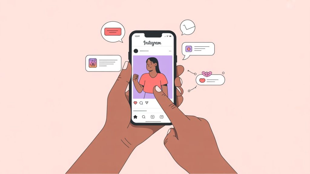 An illustration of a hand scrolling through Instagram on a smartphone, preparing to type a thoughtful comment on a post from a similar account.
