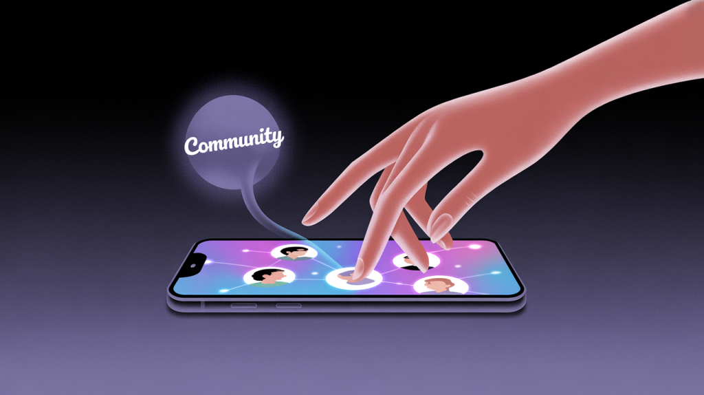 An illustration of a smartphone screen with a network of connected profiles and a hand reaching out, representing community engagement and reach.