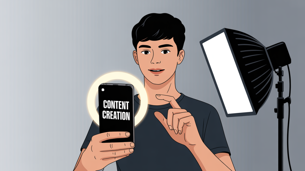An illustration of a person holding a smartphone in a photo studio with a ring light, representing filming and designing content.