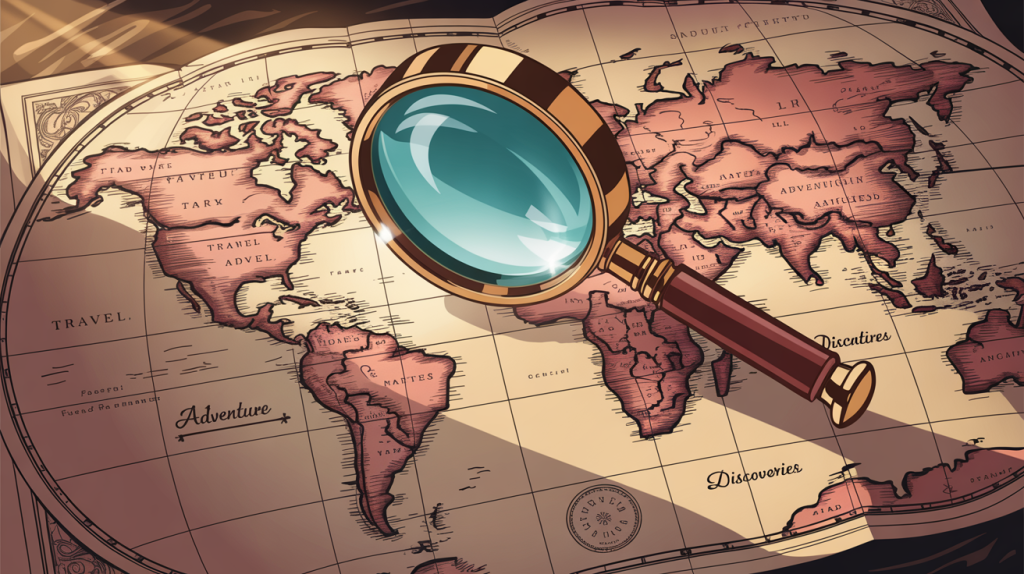 An illustration of a magnifying glass hovering over a map with keywords and posts, representing the process of finding and engaging with content.