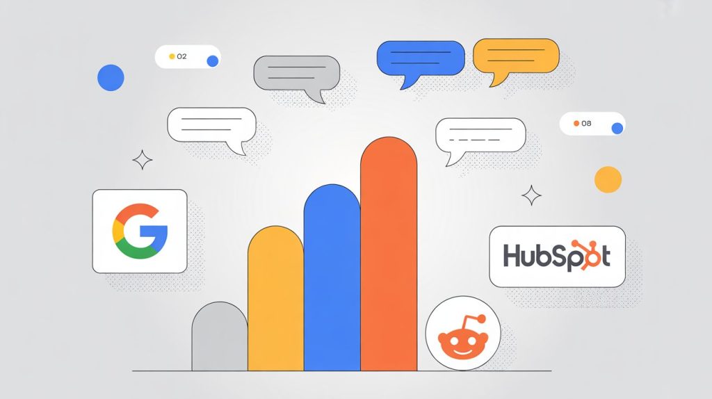 An illustration with icons for Google Trends, Hubspot, and Reddit, with a central bar graph and conversation bubbles, representing tools that find trending content and discussions.