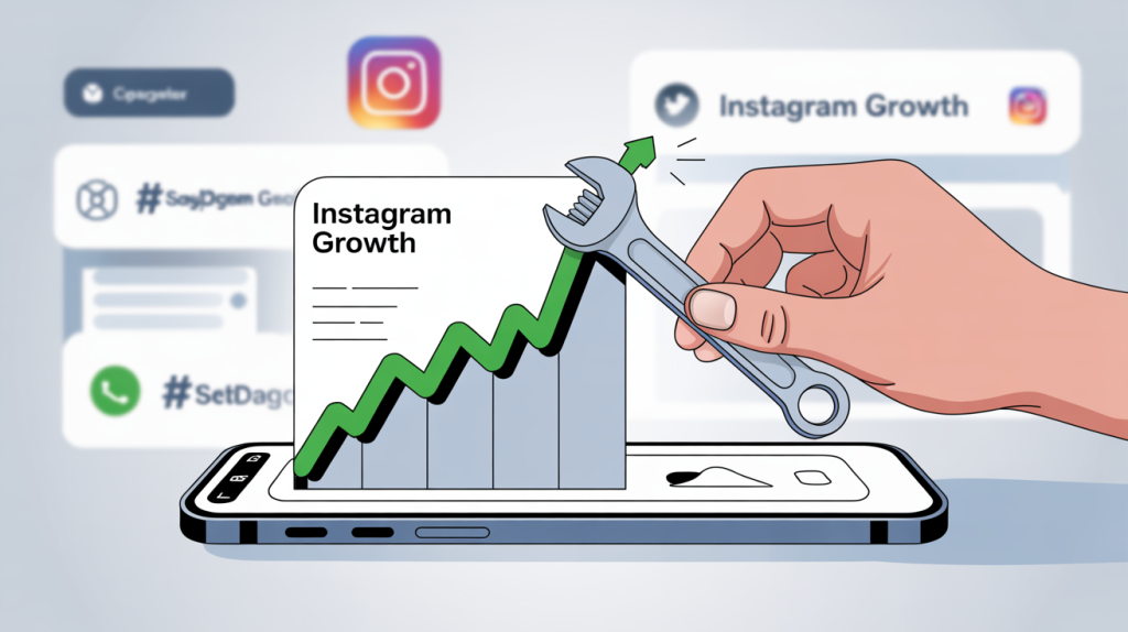An illustration of a hand fixing a flat growth graph on a smartphone screen, representing how to fix a stagnant Instagram account.