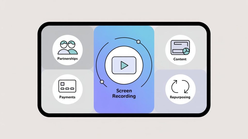 An illustration of a smartphone screen with icons for partnerships, screen recording, payments, and content repurposing, representing business tools for creators.
