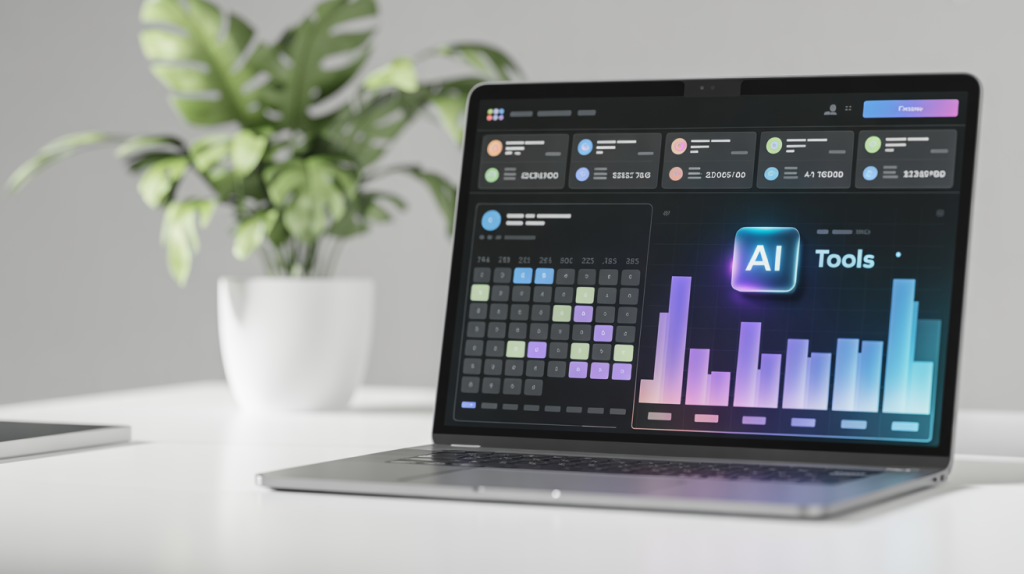 An illustration of a laptop screen with a dashboard showing a content calendar and a bar graph, with a glowing AI icon, representing AI tools for social media strategy.
