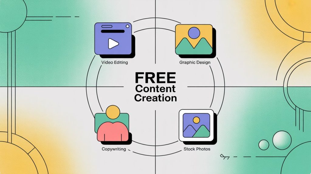 An illustration collage with icons representing video editing, graphic design, copywriting, and stock photos, for free content creation.