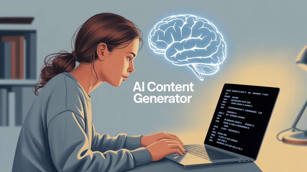 An illustration of a person writing on a laptop with a glowing brain icon above their head, representing advanced AI for content and responses.