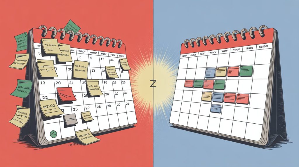 A split-screen illustration showing a chaotic, unscheduled calendar on one side and an organized, batch-scheduled calendar on the other, representing the shift from a reactive to a proactive content schedule.