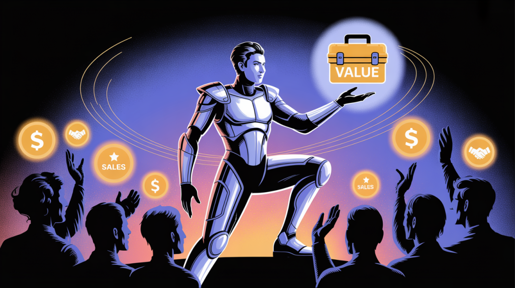 An illustration of a figure offering a value icon to an audience, who are in turn offering sales icons back, representing the mindset shift from an entitled to a deserving approach to sales.