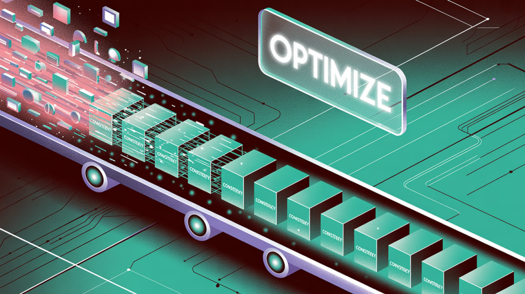 An illustration of a messy conveyor belt transforming into a clear, consistent production line, representing the mindset shift from inconsistent to intentional.
