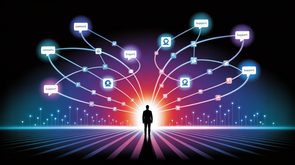 An illustration of a network with one-way lines flowing from a central figure, which are then transforming into a two-way interconnected network, representing the shift from a selfish to a supportive mindset.