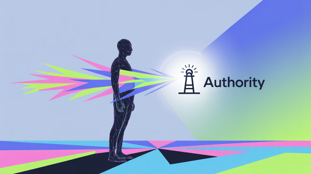 An illustration of a figure standing in a landscape where viral explosions are turning into a long-term authority beacon, representing the shift in goals from virality to authority.