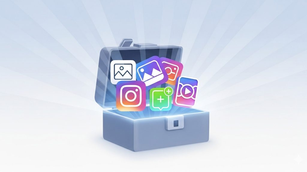 A vibrant, digital graphic of an open toolbox with floating Instagram icons for posts, carousels, stories, and Reels, representing a strategic guide to using each content format.
