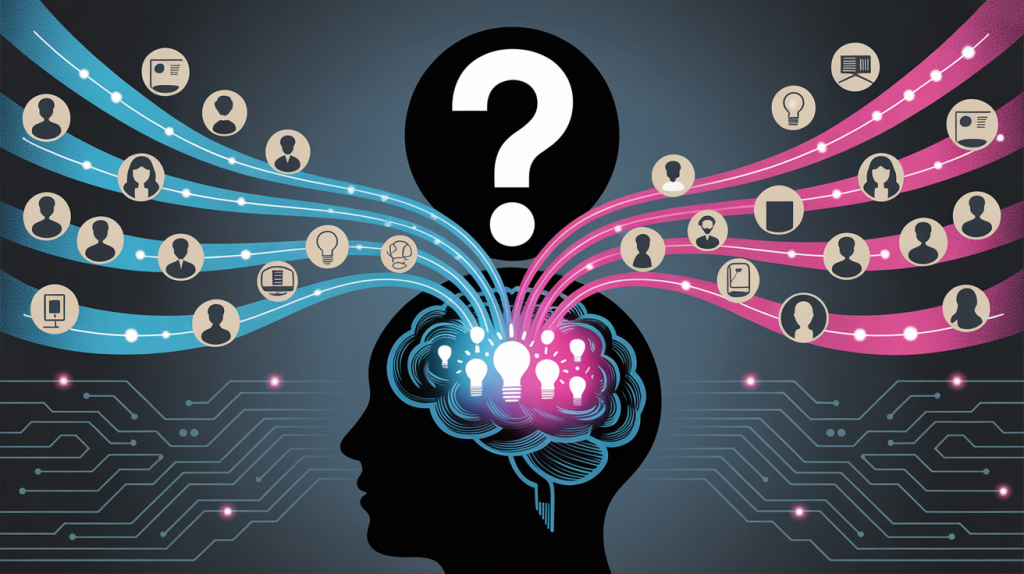 An illustration of ideas flowing from different sources into a creator's head, representing ways to generate fresh content ideas.