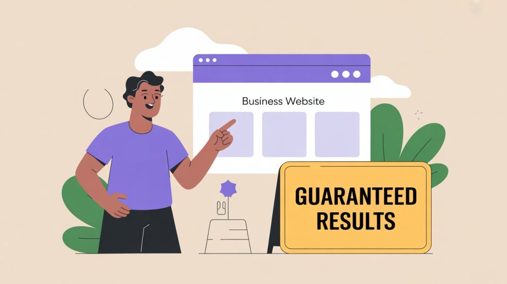 An illustration of a social media manager pointing a lead toward a business website, with a prominent but empty "Guaranteed Results" sign nearby, representing their role in generating leads without making unrealistic promises.