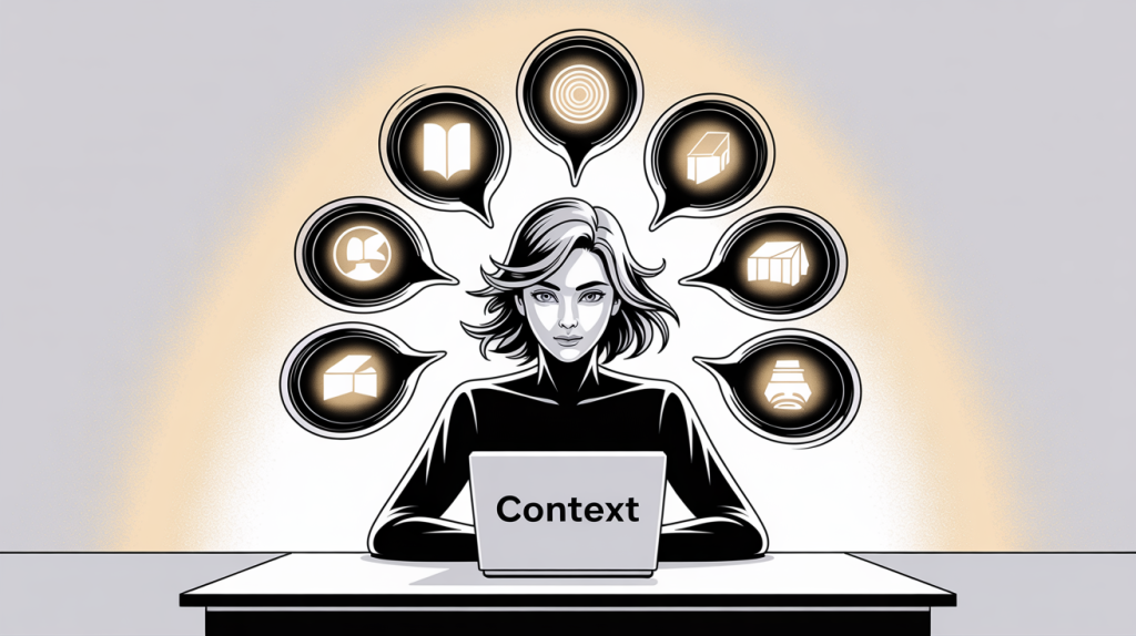 An illustration of a figure with a "Context" icon being placed on a desk, which organizes chaotic thought bubbles into a clear set of six icons, representing the act of priming a ChatGPT session.