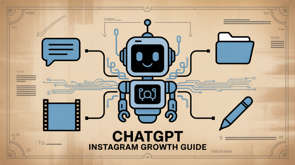 An illustration of a blueprint with icons for a chat bubble, a folder, a film strip, and a pen, with lines flowing to a robot, representing a guide to using ChatGPT for Instagram growth.