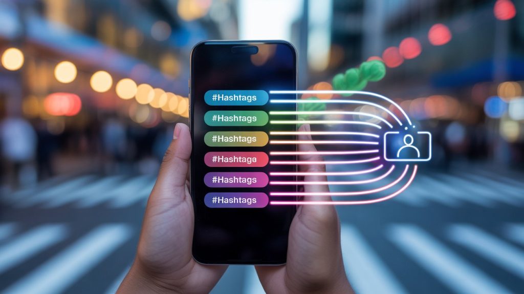 An illustration of a smartphone screen showing a list of hashtags with glowing lines extending to an audience icon, representing the power of hashtags for reach.