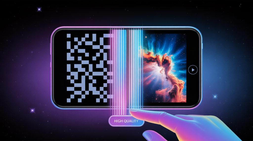 An illustration of a smartphone screen split in half, with a blurry video on one side and a high-quality video on the other, representing the high-quality video setting.