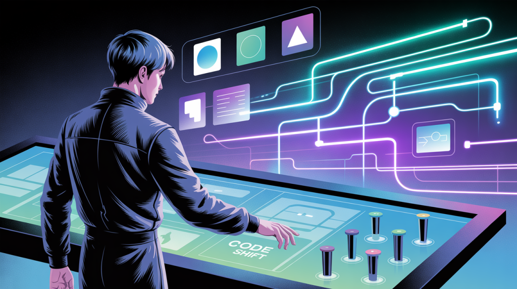 An illustration of a figure at a control panel, directing a digital algorithm, representing the use of strategic hacks to get more engagement.