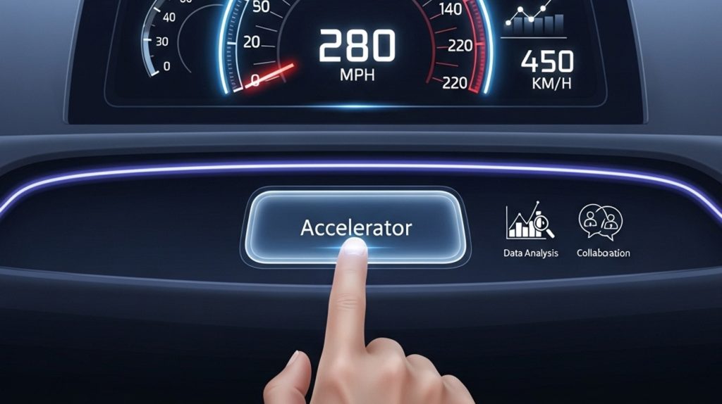 An illustration of a speedometer on a futuristic dashboard, with a finger pressing a button to accelerate, symbolizing the use of advanced data and collaboration tactics to speed up growth.