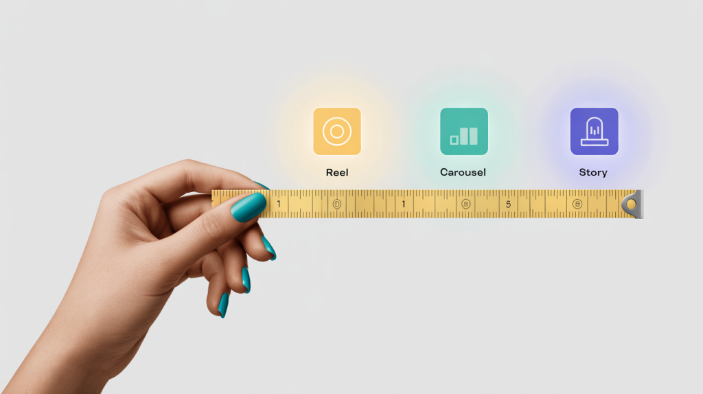 An illustration of a hand with a measuring tape, measuring icons for a Reel and a carousel, representing a guide to content length on Instagram.