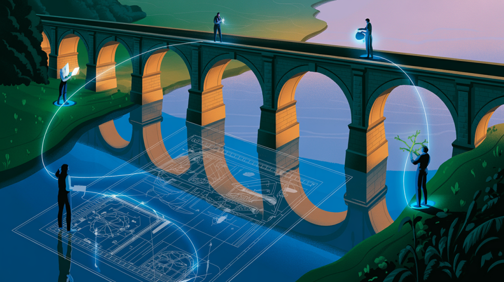 An illustration of a bridge with lines connecting figures to a blueprint, representing how a bio explains the method.