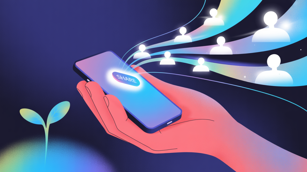 An illustration of a hand holding a smartphone with a glowing "Share" button, with lines flowing outward to a network of people, representing how shares lead to growth.
