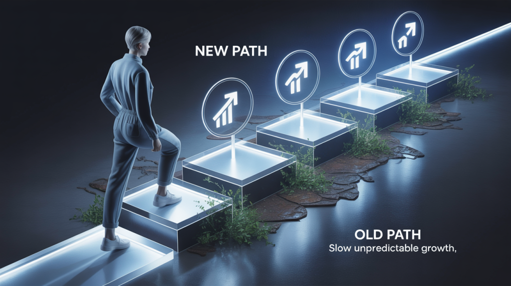 An illustration of a figure confidently stepping onto a new digital pathway, leaving a broken, old path behind, representing a step-by-step guide to getting 5K followers.