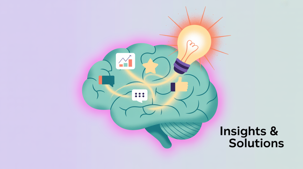 An illustration of a brain with various icons flowing into it, with a lightbulb emerging, representing providing insights, recommendations, and social proof.