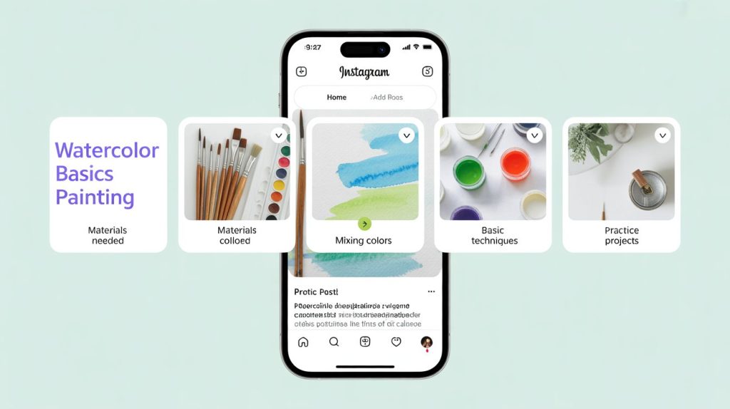 An illustration of an Instagram carousel post on a smartphone, showing multiple swipeable cards with educational content and a how-to guide.