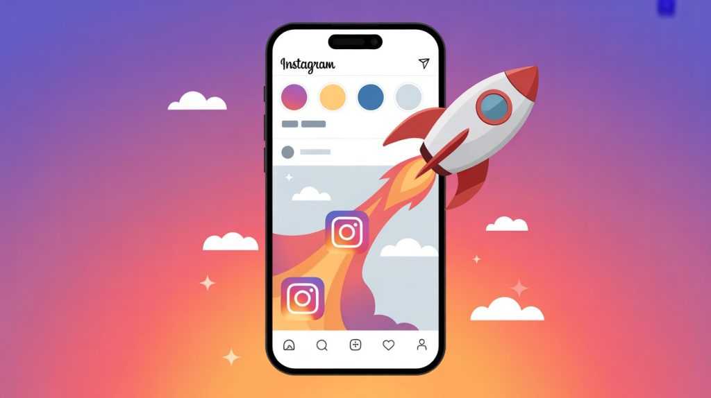 A digital illustration of a smartphone screen with a rocket ship launching from an Instagram profile, carrying engagement icons, representing a strategy to skyrocket engagement.