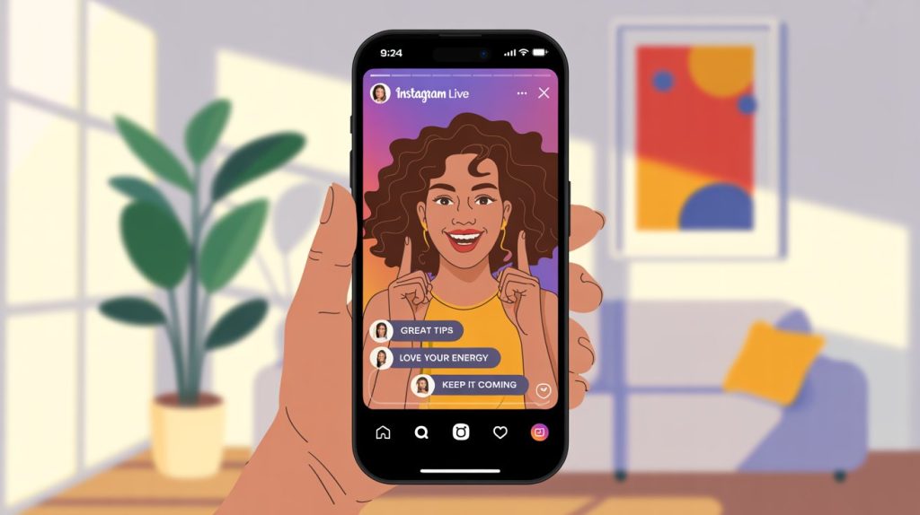 A lively illustration of an Instagram Live broadcast on a smartphone, showing a person speaking and real-time comments, representing direct audience interaction.