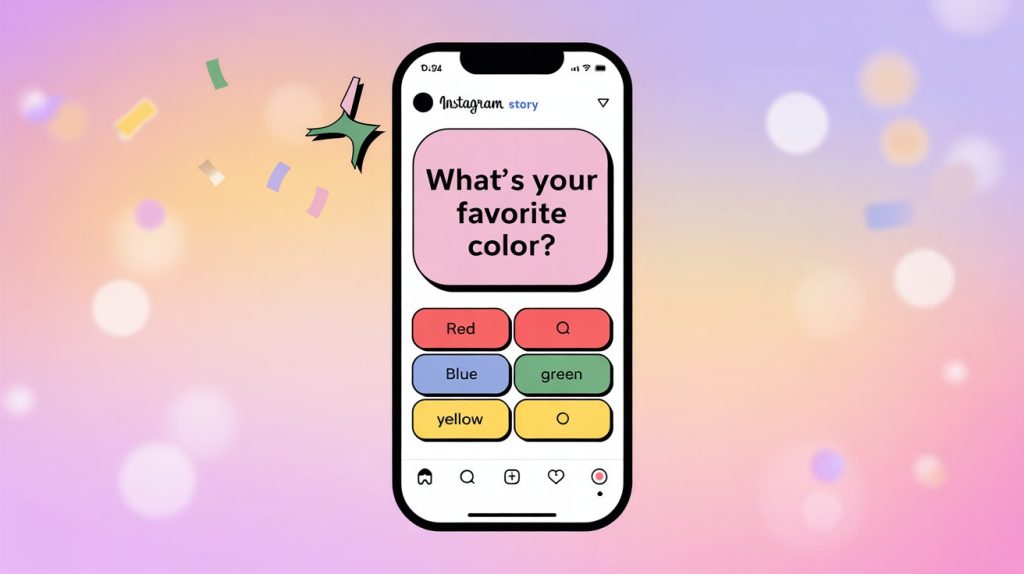 An illustration of an Instagram Story with a multiple-choice quiz sticker, showing a question and four potential answers for a fun and educational interaction.