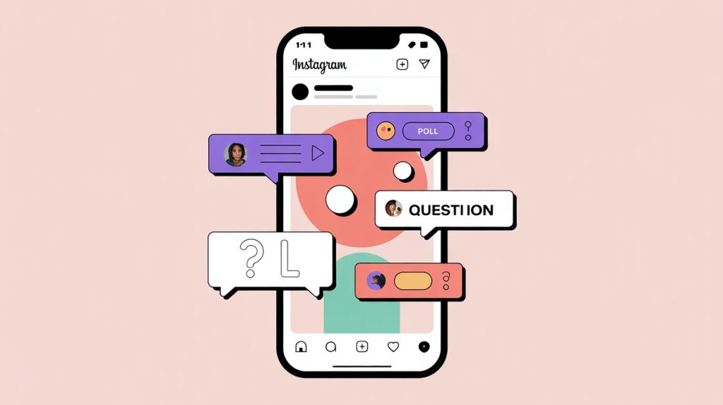 An illustration of an Instagram Story with multiple interactive stickers like a poll and a question box, representing a daily, two-way conversation with the audience.
