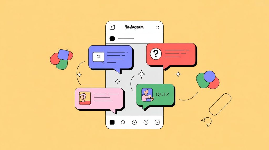 An illustration of an Instagram Story with multiple interactive stickers, including a question box, a poll, and a quiz, to represent a two-way street of engagement.