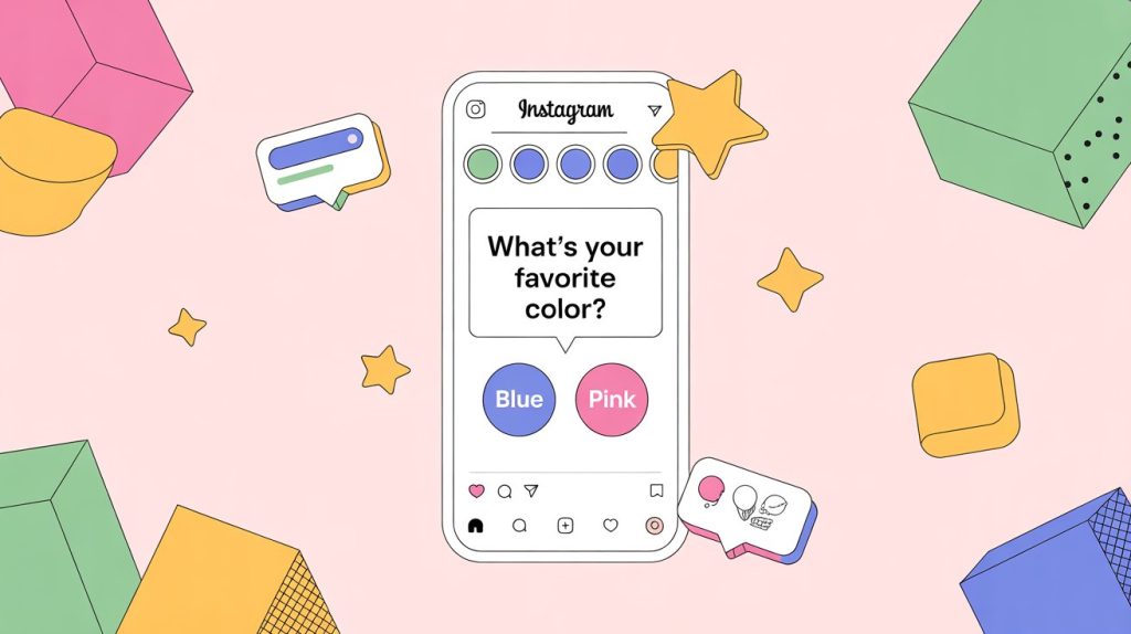 An illustration of an Instagram Story with multiple interactive stickers like a poll and a question box, representing a daily, two-way conversation with the audience.