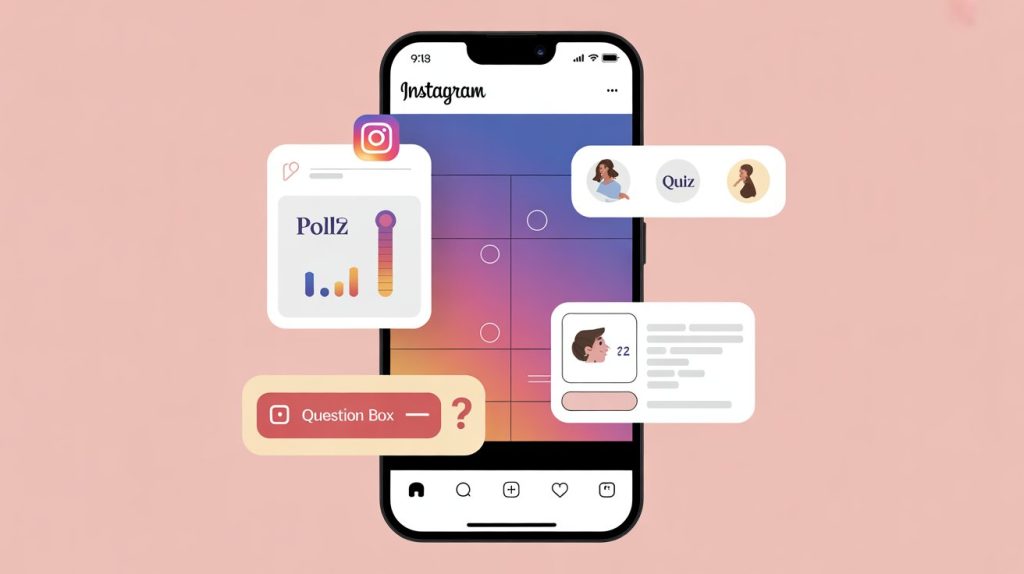 An illustration of an Instagram Story on a smartphone with multiple interactive stickers, including a poll, a quiz, and a question box.