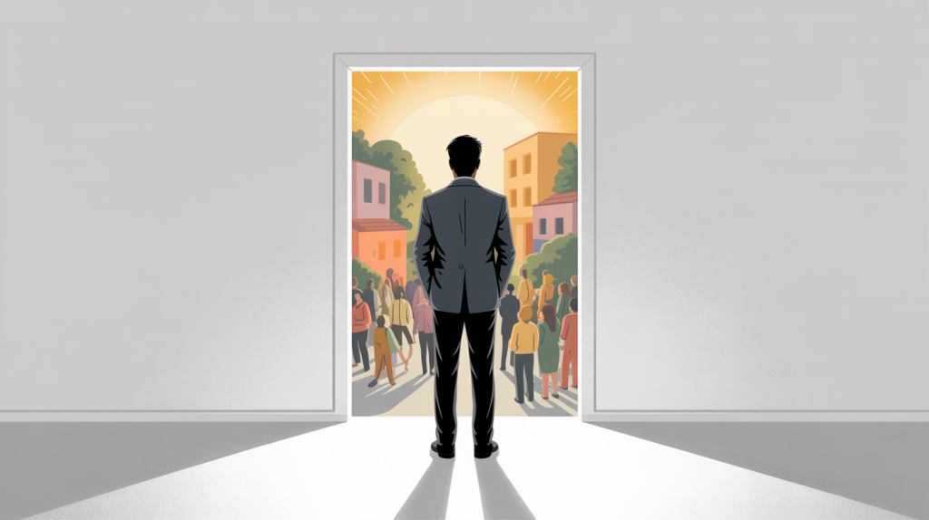 An illustration of a figure in an empty room looking through a doorway to a vibrant community, representing the audience check.