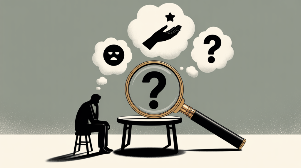 An illustration of a figure with thought bubbles above their head containing icons for struggles and desires, with a magnifying glass examining them, representing the importance of knowing your audience.