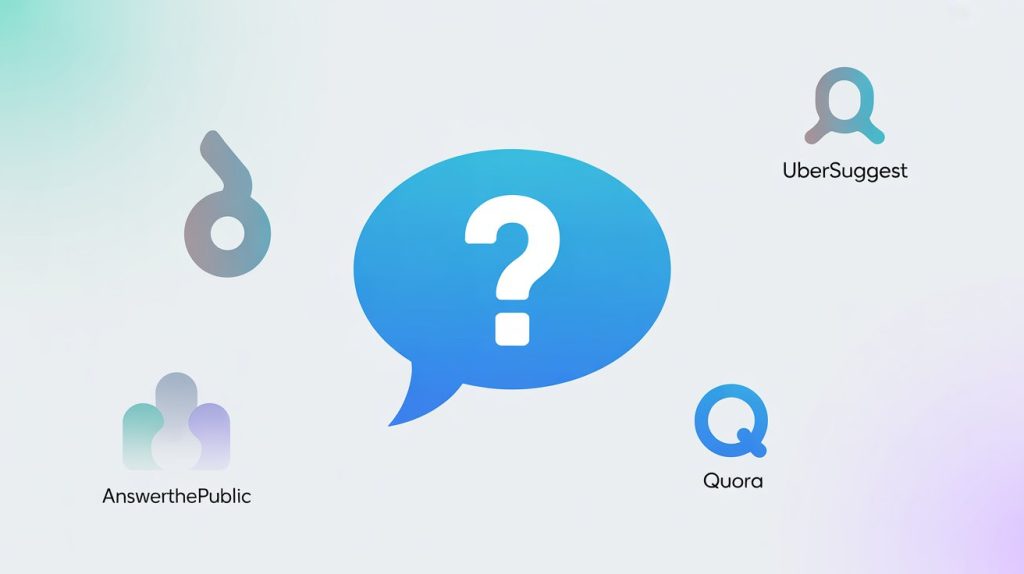 An illustration with icons for AnswerThePublic, Ubersuggest, and Quora, with a central speech bubble containing a question mark, representing tools that listen to the audience's voice.