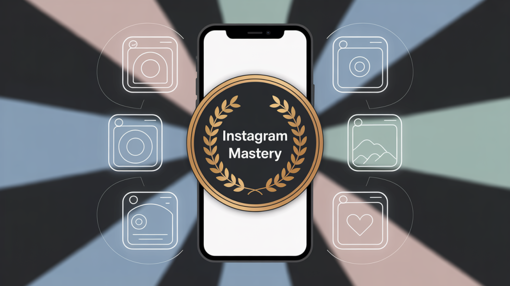 An illustration of a badge of mastery on a smartphone screen, surrounded by icons for Reels, Carousels, and Single posts, representing a guide to mastering Instagram.