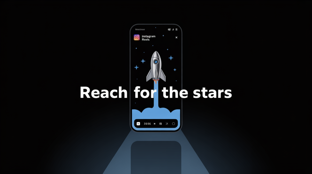 An illustration of a smartphone screen with a Reels playback interface, and a rocket icon, representing mastering Instagram Reels.