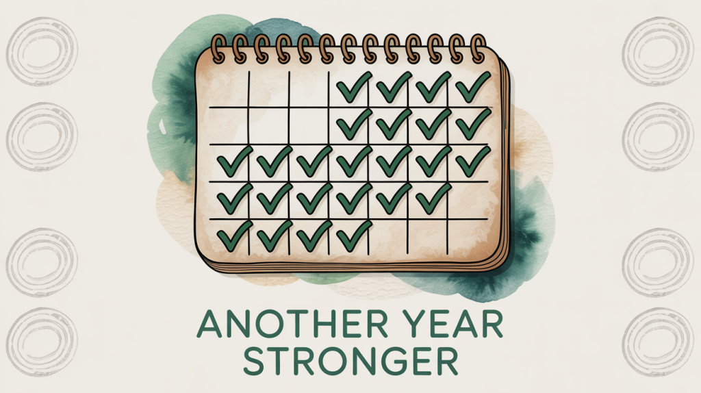 An illustration of a calendar with a checkmark on every day, with a serene zen circle in the background, representing consistency and mindset.