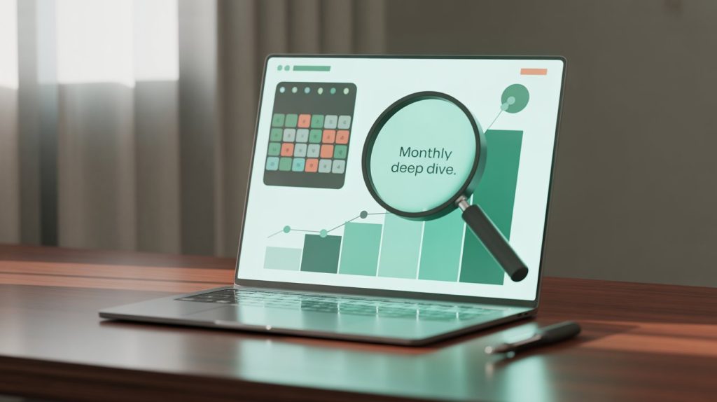 An illustration of a laptop screen with a strategic dashboard, showing a calendar and a data graph with a magnifying glass over it, representing a monthly deep dive into strategy.