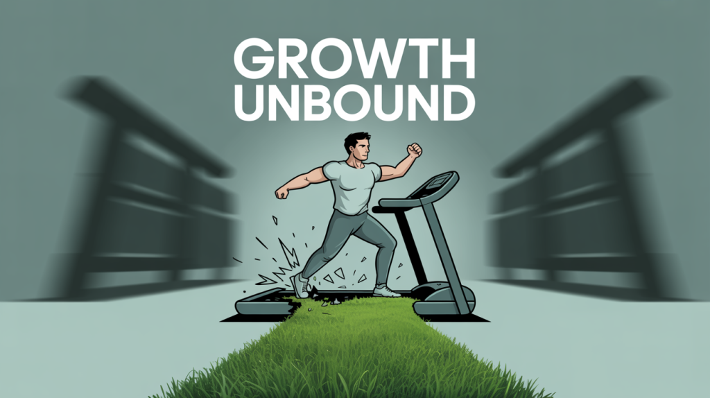 An illustration of a figure on a treadmill, with a hand breaking the treadmill and a clear path unrolling, representing a guide to sustainable social media growth.