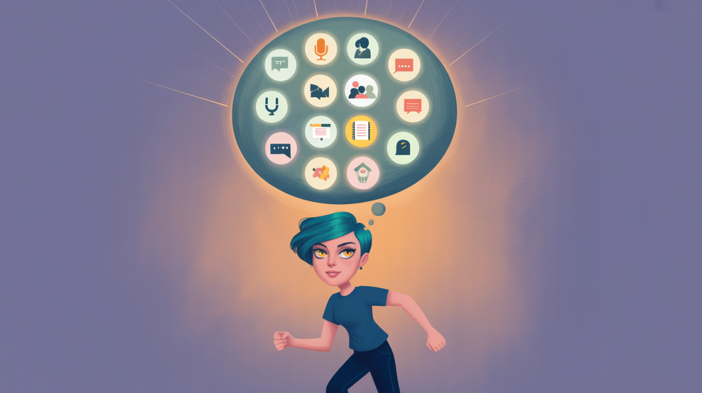 An illustration of a figure with an empty thought bubble being filled with glowing icons for content ideas, representing ways to overcome creative block.